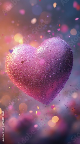 A sparkling purple heart floating amidst a magical background of soft lights ...