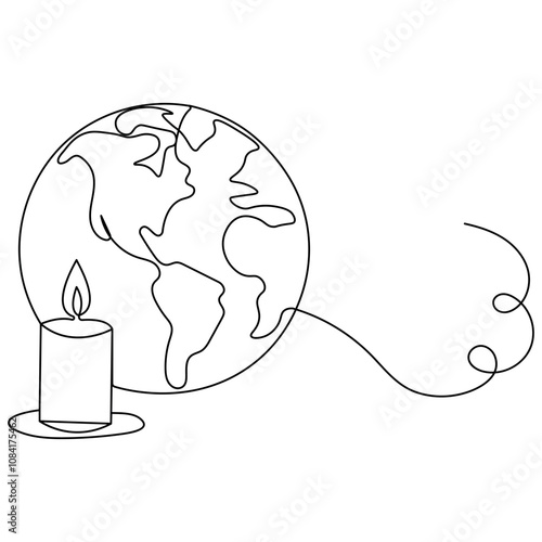  World earth hour single line art, continuous one line drawing of Isolated outline vector icon