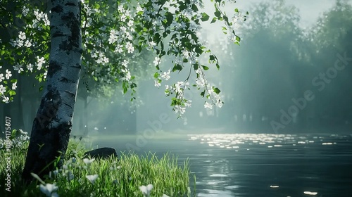   A lush forest tree, situated beside a serene body of water, is adorned with an abundance of vibrant leaves