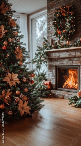 A cozy living room adorned with a beautifully decorated Christmas tree and a ...