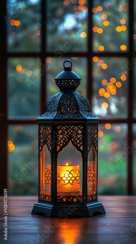 Decorative lantern casting warm light through window with blurred city lights...