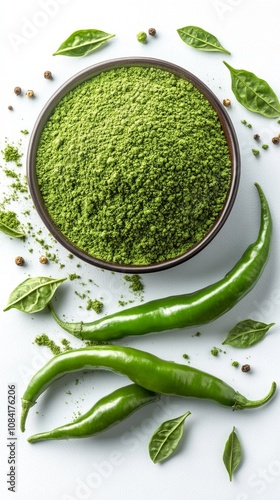 Fresh green chili and spice mix arranged aesthetically on a white background ...