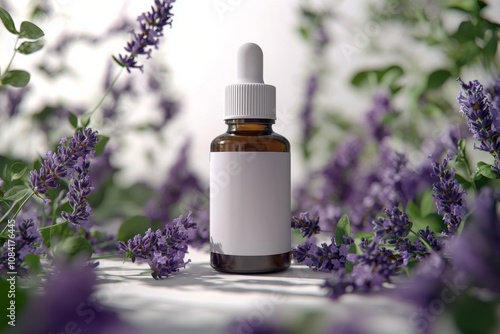 A glass dropper bottle surrounded by fresh lavender flowers outdoors in natur...