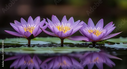 Three vibrant purple water lilies bloom gracefully on a calm pond during sunn...
