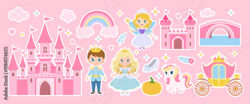 A collection of cartoon characters and objects, including a castle, a princess, a knight, a pumpkin, a horse, and a carriage