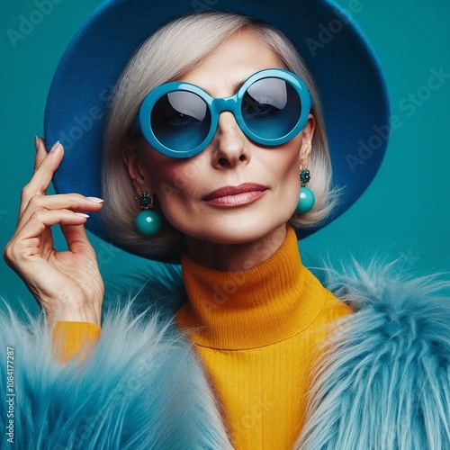 Older woman with a glamorous look wearing sunglasses and a hat against a blue background
