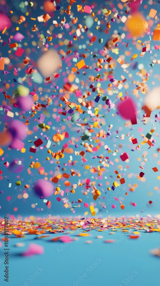 Obraz premium Colorful confetti falling against a blue background during a celebration or event