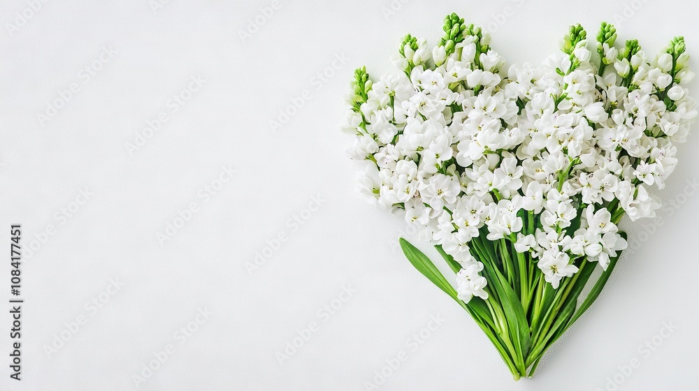 Obraz premium A heart-shaped bouquet of white flowers on a white background, with space for text