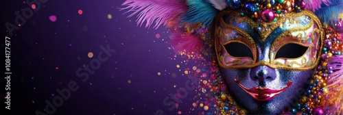 Colorful carnival mask with vibrant feathers and sparkling confetti on purple...