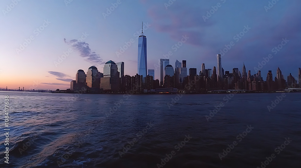 Obraz premium Panoramic night view of the New York skyline with neon-lit skyscrapers and reflections in the water, featuring Manhattan island. 