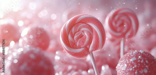Colorful swirled lollipops on a pink background with sparkling bokeh effects ...