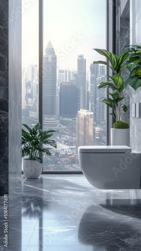 Modern bathroom design overlooking a city skyline with glass windows in the d...