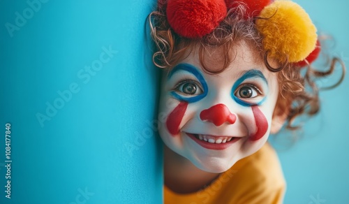 A cheerful child dressed as a clown smiling playfully against a vibrant blue ...