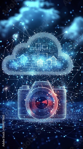 A digital camera connected to a cloud network symbolizing modern technology a...