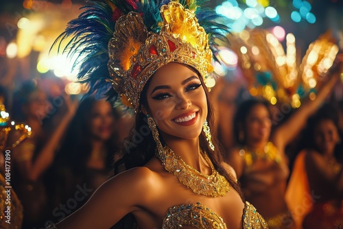Joyful dancer in a golden headdress at a vibrant carnival celebration
