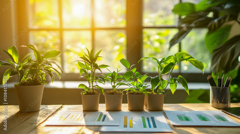 Fototapeta premium Captivating Scene of Fresh Green Plants on a Wooden Table with Charts and Natural Light Streaming Through Windows in a Lively Indoor Environment