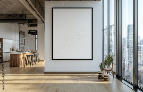 Modern urban interior featuring blank canvas in a stylish apartment with city...