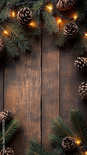 Festive arrangement of pine cones and warm lights on rustic wooden surface du...