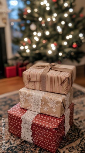 Gifts wrapped beautifully near a decorated Christmas tree in a cozy living room