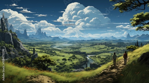 anime lofi style japanese farmer with nature landscape.