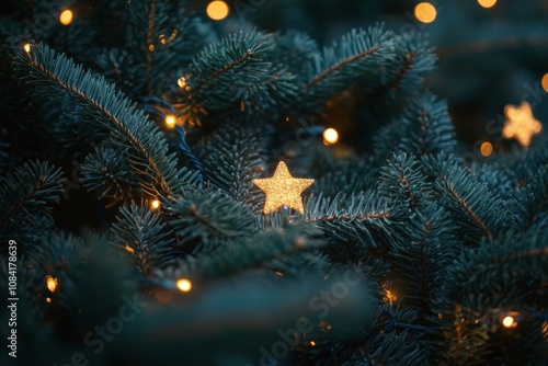 Beautiful golden star ornament hanging on a snow covered evergreen tree durin...