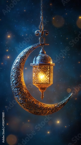Beautiful illuminated lantern hanging from a decorative crescent moon in a st...