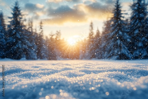 Winter sunrise over a snowy landscape with pine trees in a serene natural set...