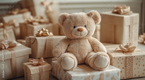 A bear sitting on wrapped gifts in a cozy indoor setting during the holiday s...