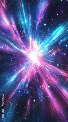 Colorful cosmic explosion in deep space with vibrant purple and blue light beams