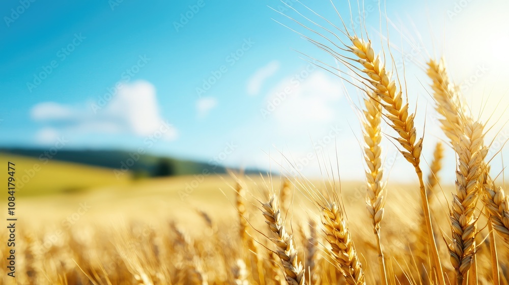 Naklejka premium A close-up view of golden wheat stalks swaying gently in the breeze under a bright blue sky, capturing the beauty of a bountiful summer harvest in the countryside.