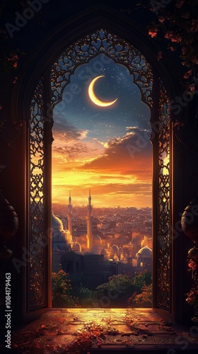 A breathtaking sunset view from an archway with a crescent moon over a histor...