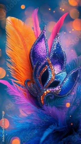 Colorful elaborately designed mask with feathers worn during a carnival celeb...