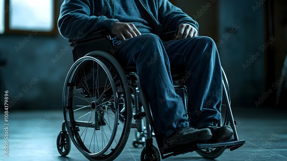 Obraz premium A Person Sits in a Wheelchair, Legs Crossed, in a Dimly Lit Room, Conveying Feelings of Isolation and Reflection.