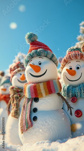 Festively decorated snowmen wearing colorful hats and scarves on a sunny wint...