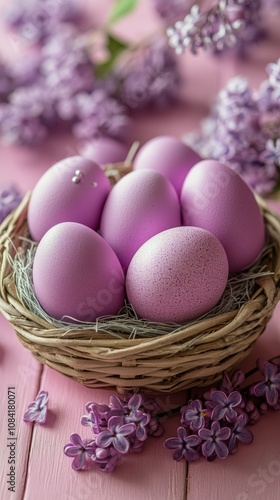 A colorful basket filled with pink eggs and lilac flowers on a soft pastel background