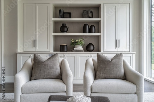 Modern living room featuring cozy armchairs and natural light in a contempora...