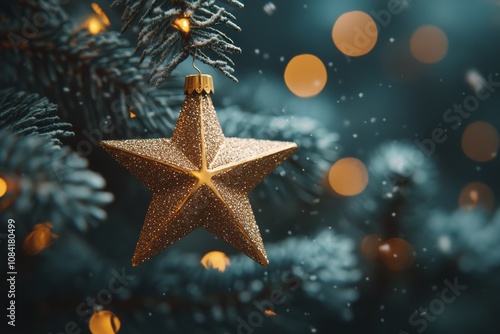Golden star ornament hanging on a Christmas tree with bokeh lights and raindr...