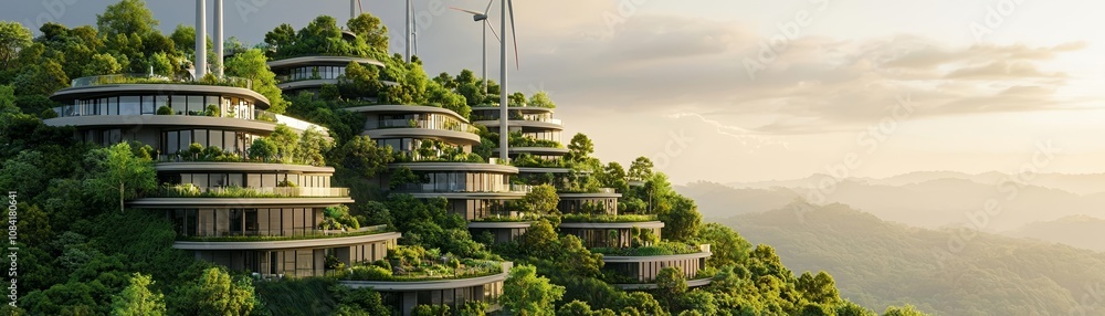 Fototapeta premium Buildings and wind turbines on lush hilltop, symbolizing renewable energy, sustainable city concept