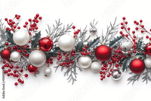 Festive red and white ornaments with greenery for colorful holiday decorations