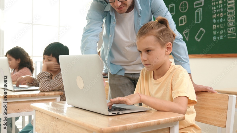Fototapeta premium Smart caucasian boy using laptop to generated AI by coding engineering prompt. Diverse student learning or studying programing system while attending in STEM technology class. Technology. Pedagogy.