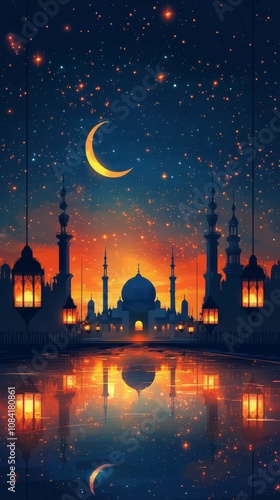 Serene twilight view of a mosque silhouette against a vibrant sunset with sta...