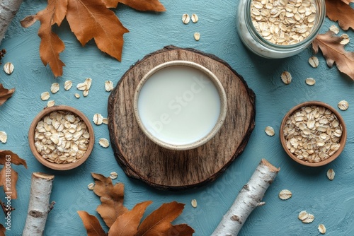 Oat milk served in a ceramic cup on a wooden surface surrounded by oats and g...