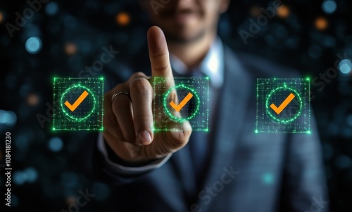 Business professional checking tasks off a digital checklist in an office set...