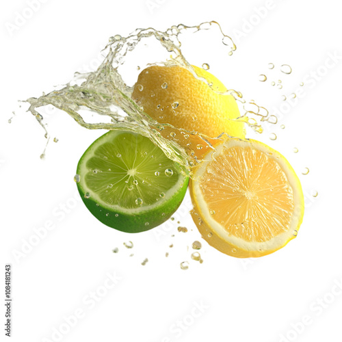 An isolated fresh lime fruit and a splash of juice on a white background