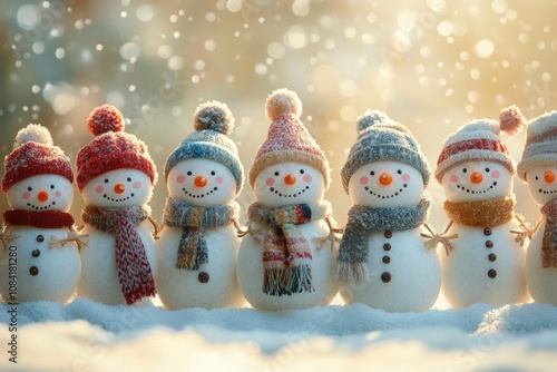 Cheerful snowmen wearing colorful hats and scarves enjoy a snowy day in a win...