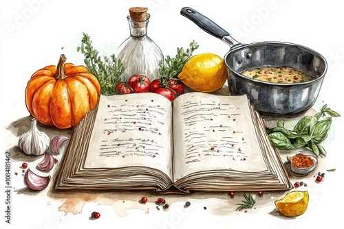 Cooking preparation with an open recipe book and fresh ingredients in a cozy ...