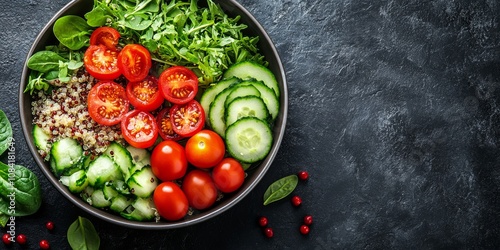 Fresh vegetable and quinoa salad with tomatoes and cucumbers on a dark backgr...