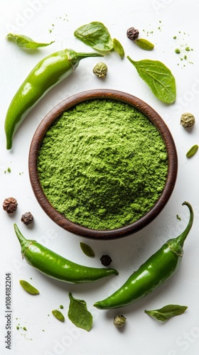 Fresh green chili and spice mix arranged aesthetically on a white background ...