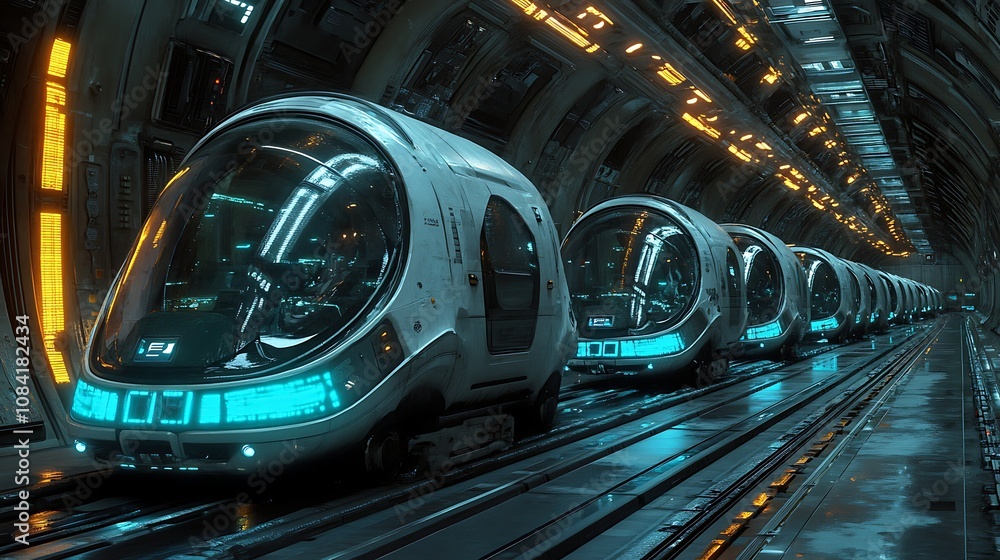 Obraz premium Futuristic transport pods space station digital art sci-fi environment interior view innovation