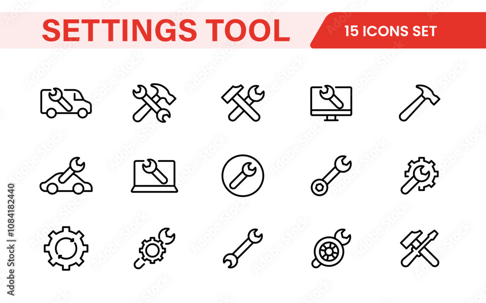Fototapeta premium Settings and Maintenance Icon Set. Sleek and functional icons for user interfaces, perfect for enhancing apps and websites with intuitive navigation for settings, updates, and maintenance.